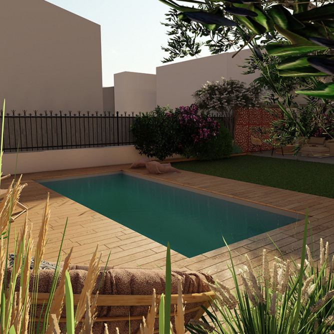 Piscine avec terrasse en bois